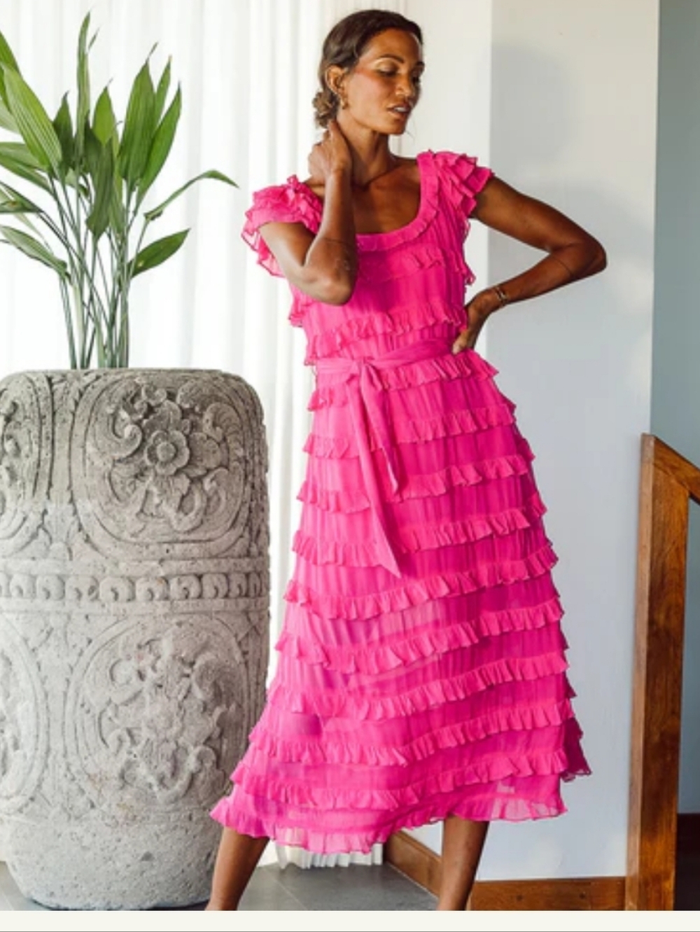 Cleobella The Milana Ankle Dress Magenta Ruffled Tie-Waist Maxi Dress
